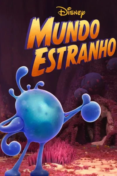 Criatura azul ameboide em um cenário alienígena vibrante com formações orgânicas rosadas. Clima fantástico.