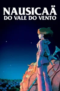 Jovem de uniforme sobre criatura gigante,olha campo de plantas brilhantes sob céu azul-escuro estrelado.