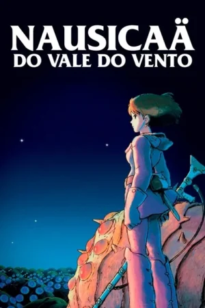 Jovem de uniforme sobre criatura gigante, olha campo de plantas brilhantes sob céu azul-escuro estrelado.