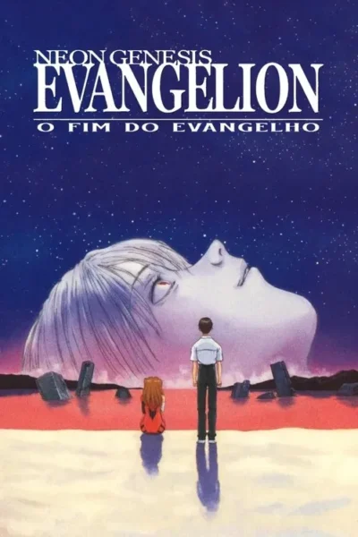 Um homem e uma mulher observam um rosto pálido gigante emergir de um mar vermelho sob um céu estrelado. Clima sombrio.