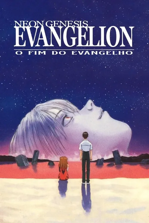 Neon Genesis Evangelion:O Fim do Evangelho 1 Um homem e uma mulher observam um rosto pálido gigante emergir de um mar vermelho sob um céu estrelado. Clima sombrio.