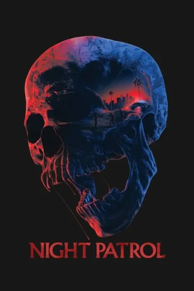 Um crânio azul e vermelho revela uma cidade noturna com palmeiras, um carro de polícia e figuras sombrias. Clima tenso.