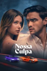Jovem mulher e homem com olhares fixos,em fundo de céu dramático. Dois carros de corrida roxo e laranja em alta velocidade.