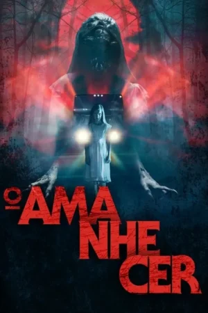 Pôster de horror. Uma garota pálida em vestido branco frente a um ônibus, com uma figura monstruosa e mãos esqueléticas num bosque sombrio e avermelhado.