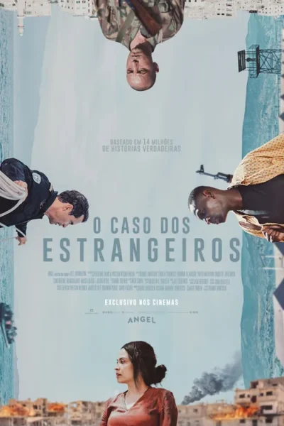 Pôster: Soldado invertido, policial, homem armado e mulher em primeiro plano. Cenários de costa, prédios e fumaça ao fundo. Atmosfera séria.