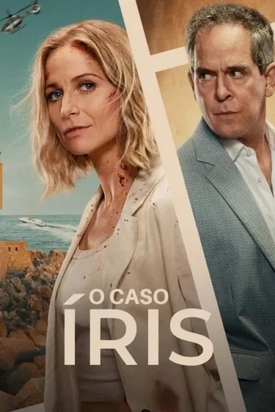 Pôster de suspense. Uma mulher loira com sangue no rosto e pescoço, e um homem de terno. Fundo costeiro com helicóptero.