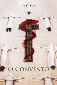 Sete figuras em hábitos brancos deitadas no chão,braços abertos. Uma cruz de piso é coberta por sangue escorrendo. Clima sombrio e violento.