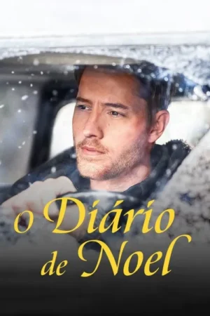 Homem barbudo olha pensativo através de um para-brisa nevado, com flocos de neve caindo. Clima invernal.