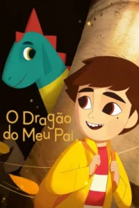 Pôster animado:menino sorridente e dragão azul com espinhos vermelhos em caverna escura com folhas flutuantes e luzes brilhantes.