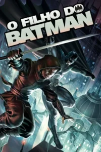 Dois vigilantes saltam sobre uma cidade noturna. Um mascarado com capa, o outro com capuz e katana, cercados por criaturas aladas.