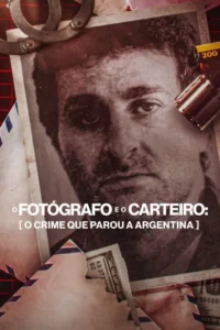 Pôster:Foto sépia de homem sério com barba,algemas,rolo de filme,envelopes e dinheiro espalhados. Clima de investigação criminal.