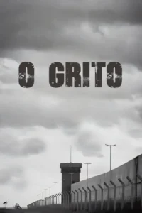 Pôster monocromático: muro alto com cercas e torre de vigia, sob céu nublado. Uma atmosfera sombria e opressora.