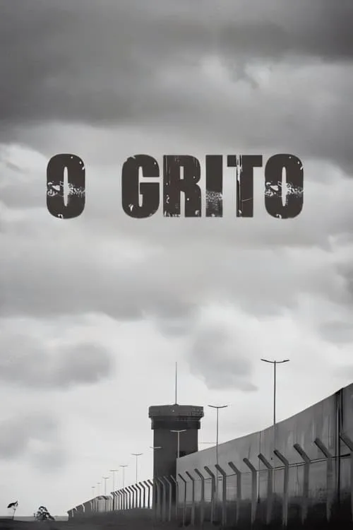 O Grito 1 Pôster monocromático:muro alto com cercas e torre de vigia,sob céu nublado. Uma atmosfera sombria e opressora.