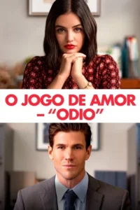 Mulher de cabelo escuro e batom vermelho olha intensamente. Abaixo,homem de terno azul olha confiante. Clima de romance ou rivalidade em escritório.