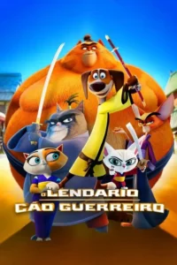 Pôster animado: grupo de gatos, cachorro e raposa em trajes de artes marciais, alguns com espadas, sob céu azul. Aventura.