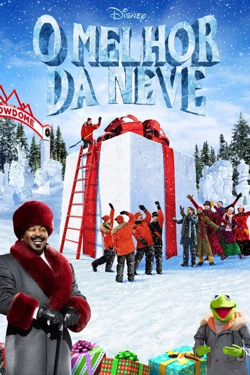Pôster de inverno. Homem de chapéu de pele e sapo de casaco na frente. Pessoas celebram na neve ao redor de um presente gigante.