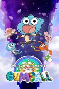 Gato azul,peixe laranja e outros personagens animados saltam num cenário cósmico vibrante e estranho. Clima divertido e surreal.