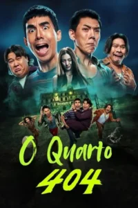 404 Run Run 3 Nove pessoas com rostos assustados/cômicos. Mulher fantasmagórica e prédio assombrado em fundo azul-esverdeado. Terror cômico.