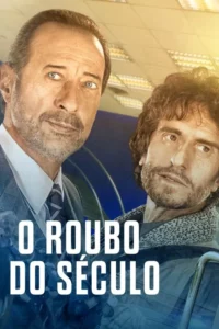 Dois homens:um formal de terno,outro casual com cabelo cacheado. Fundo borrado em tons de azul e dourado. Clima tenso.