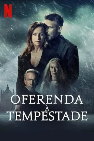 Quatro pessoas sérias: mulher e homem em destaque, dois mais velhos atrás. Neve/chuva cai sobre igreja. Clima sombrio.