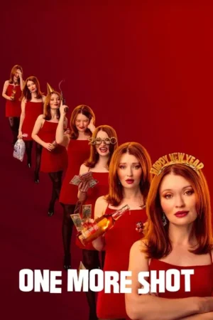 Uma mulher ruiva em vestido vermelho aparece em várias fases de uma festa de Ano Novo, do alegre ao caótico, em fundo vermelho.