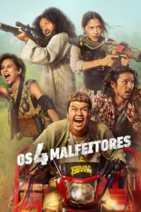 Pôster:Cinco pessoas diversas em pose de ação intensa. Homens e mulheres armados,um com colete militar,outro dirige moto gritando. Fundo esverdeado.