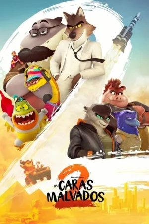 Pôster vibrante: animais ladrões (lobo, tubarão, cobra) com a gangue. Foguete, pirâmides e cidade, clima de aventura e ação.