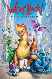 Quatro dinossauros cartoon, crianças e balões em uma rua movimentada da cidade. Clima alegre e festivo com prédios altos.