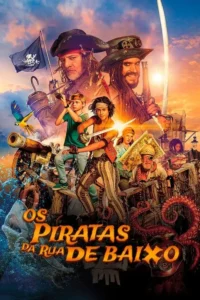 Pôster vibrante com piratas adultos e crianças em um navio em águas turbulentas. Destaques:canhão,polvo,tubarão e um papagaio. Pôr do sol épico.