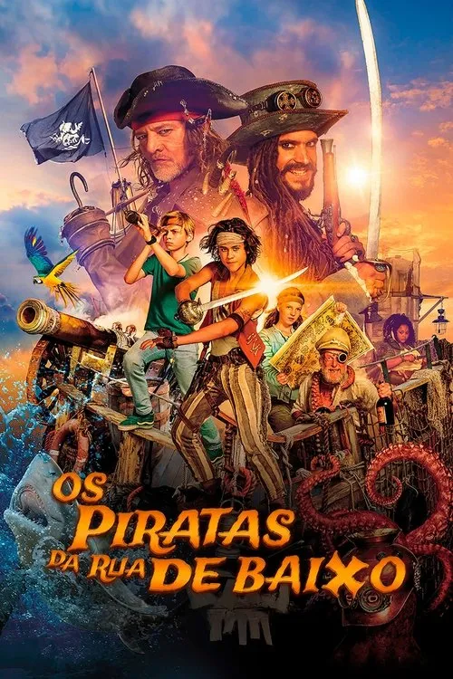 Pôster vibrante com piratas adultos e crianças em um navio em águas turbulentas. Destaques:canhão,polvo,tubarão e um papagaio. Pôr do sol épico.