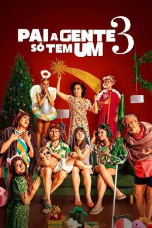 Pôster de natal com família numerosa em poses cômicas. Recriam cena de Natal com fantasias e humor em um cenário vermelho festivo.