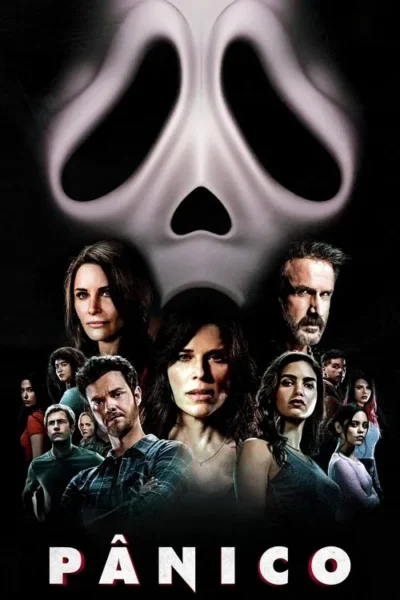 Pôster de terror com grande máscara pálida estilizada no topo. Abaixo, um grupo diverso de homens e mulheres com expressões sérias.