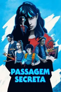 Pôster ilustrado: Mulher séria, homem sombrio e jovens aventureiros. OVNIs, parque e mapa indicam mistério e exploração.