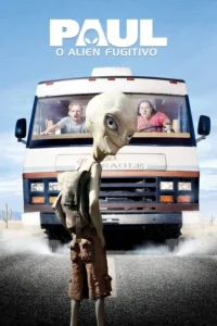 Um alienígena sorridente de mochila,olhando para dois homens surpresos em um trailer,numa estrada deserta. Aventura cômica.