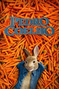 Um coelho feliz de jaqueta azul deitado sobre uma montanha de cenouras laranja. Clima lúdico e vibrante.
