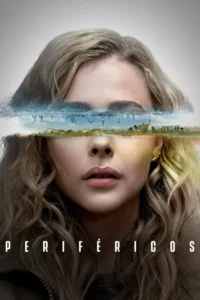Pôster:Mulher loira com faixa horizontal no rosto. Acima,cidade futurista. Abaixo,paisagem rural. Dualidade e clima sci-fi.