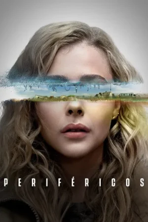 Pôster: Mulher loira com faixa horizontal no rosto. Acima, cidade futurista. Abaixo, paisagem rural. Dualidade e clima sci-fi.