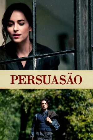Pôster com mulher pensativa na janela e homem sério em campo verde. Clima de romance histórico e melancolia.