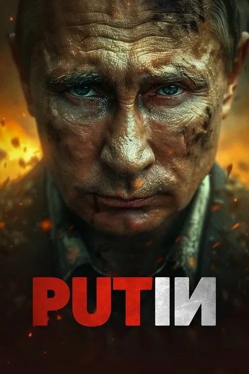 Putin 1 Close-up de um homem com rosto machucado e sujo,olhos azuis intensos,contra um fundo de explosões e fogo. Clima sombrio de guerra.