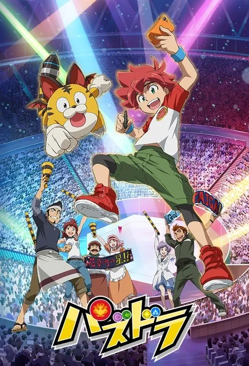 Anime: Garoto ruivo com celular e criatura alada pulam em estádio iluminado. Adultos torcem abaixo. Atmosfera alegre e cheia de energia.