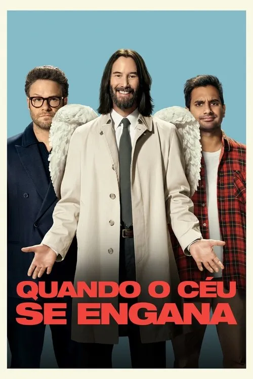 Pôster com 3 homens. O central, de sobretudo e asas de anjo, sorri. Os outros 2 o olham, um sério, outro confuso. Fundo azul.