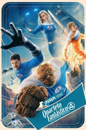 Quatro heróis em trajes azuis: uma mulher translúcida, um homem elástico, um em chamas e um gigante rochoso. Cenário retrô-futurista de cidade.