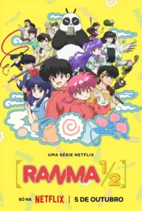Pôster anime com muitos personagens coloridos,um panda grande e uma pessoa de cabelo rosa,em fundo amarelo vibrante. Clima divertido.