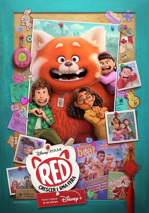 Panda vermelho gigante, três amigas adolescentes e fotos coladas em mural. Vibe energética e adolescente.