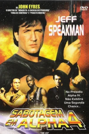 Homem sério com rifle em primeiro plano. Três outros homens, um com pistola, abaixo. Fundo laranja flamejante de ficção científica. Clima de ação e suspense.