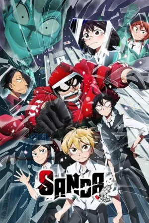 Pôster anime: figura de Santa socando, vários personagens (alunos, adultos) em meio a vidro quebrado. O clima é caótico e tenso.