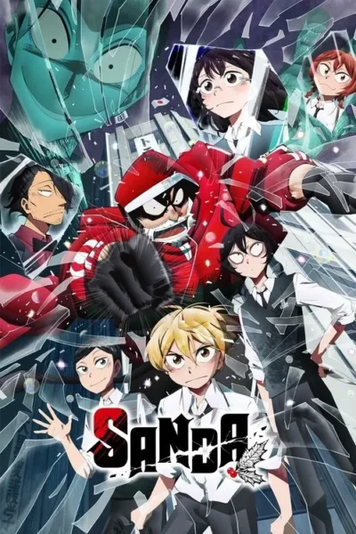 Pôster anime: figura de Santa socando, vários personagens (alunos, adultos) em meio a vidro quebrado. O clima é caótico e tenso.