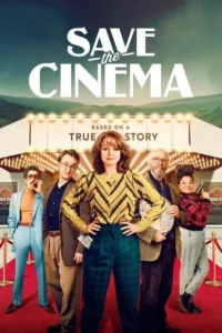 Cinco pessoas com roupas retrô posam no tapete vermelho de um cinema iluminado, com montanhas ao fundo. Clima otimista.