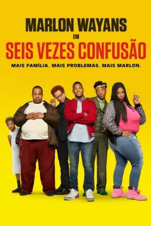 Seis pessoas (criança, homens, mulher) em trajes diversos posam contra um fundo amarelo. Expressões de surpresa e humor.
