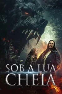 Pôster de terror. Uma criatura lupina com olhos vermelhos abre a boca. Um homem e uma menina em floresta escura sob lua cheia com fogo.